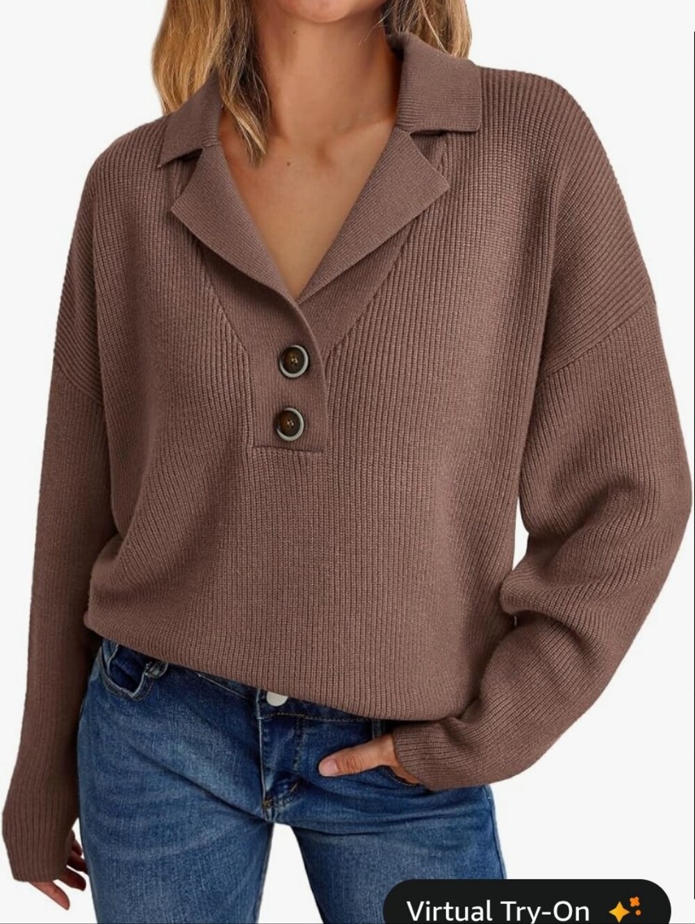 Lillusory Collared V-Neck Ribbed Pullover Sweater - Brown, Size L